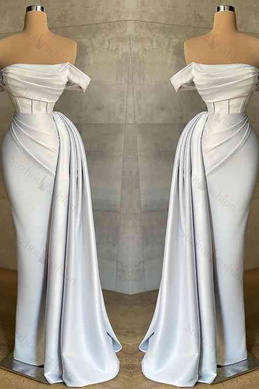 White Prom Dress Strapless Mermaid Pleated Long Evening Formal Dress Off the Shoulder