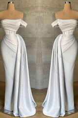 White Prom Dress Strapless Mermaid Pleated Long Evening Formal Dress Off the Shoulder