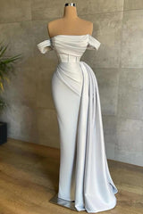 White Prom Dress Strapless Mermaid Pleated Long Evening Formal Dress Off the Shoulder