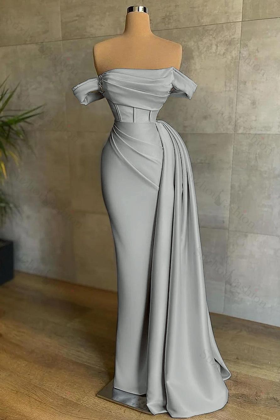 White Prom Dress Strapless Mermaid Pleated Long Evening Formal Dress Off the Shoulder