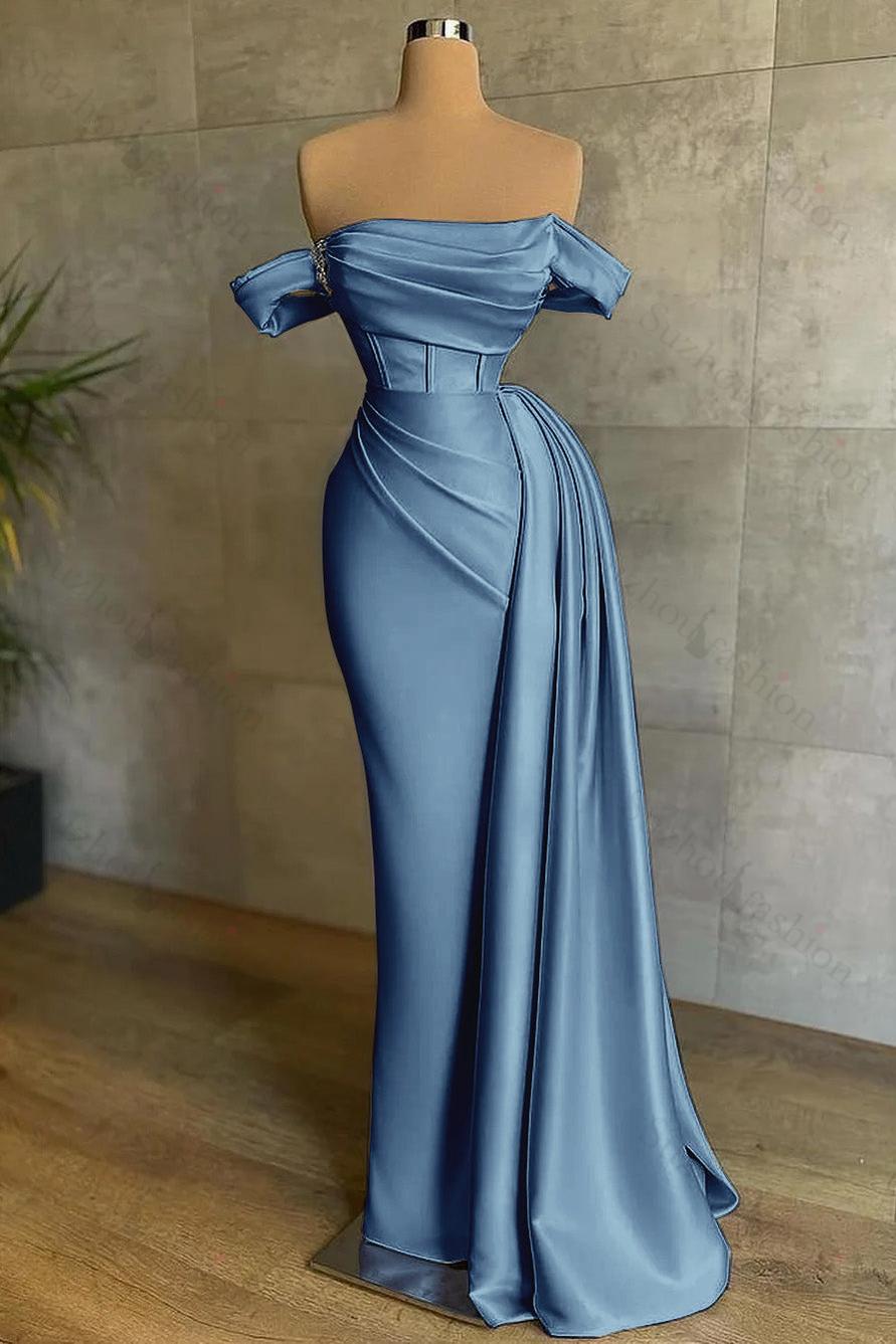 White Prom Dress Strapless Mermaid Pleated Long Evening Formal Dress Off the Shoulder