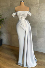 White Prom Dress Strapless Mermaid Pleated Long Evening Formal Dress Off the Shoulder