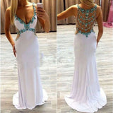 White Prom Dresses Turquoise Crystals Open Back Evening Gowns