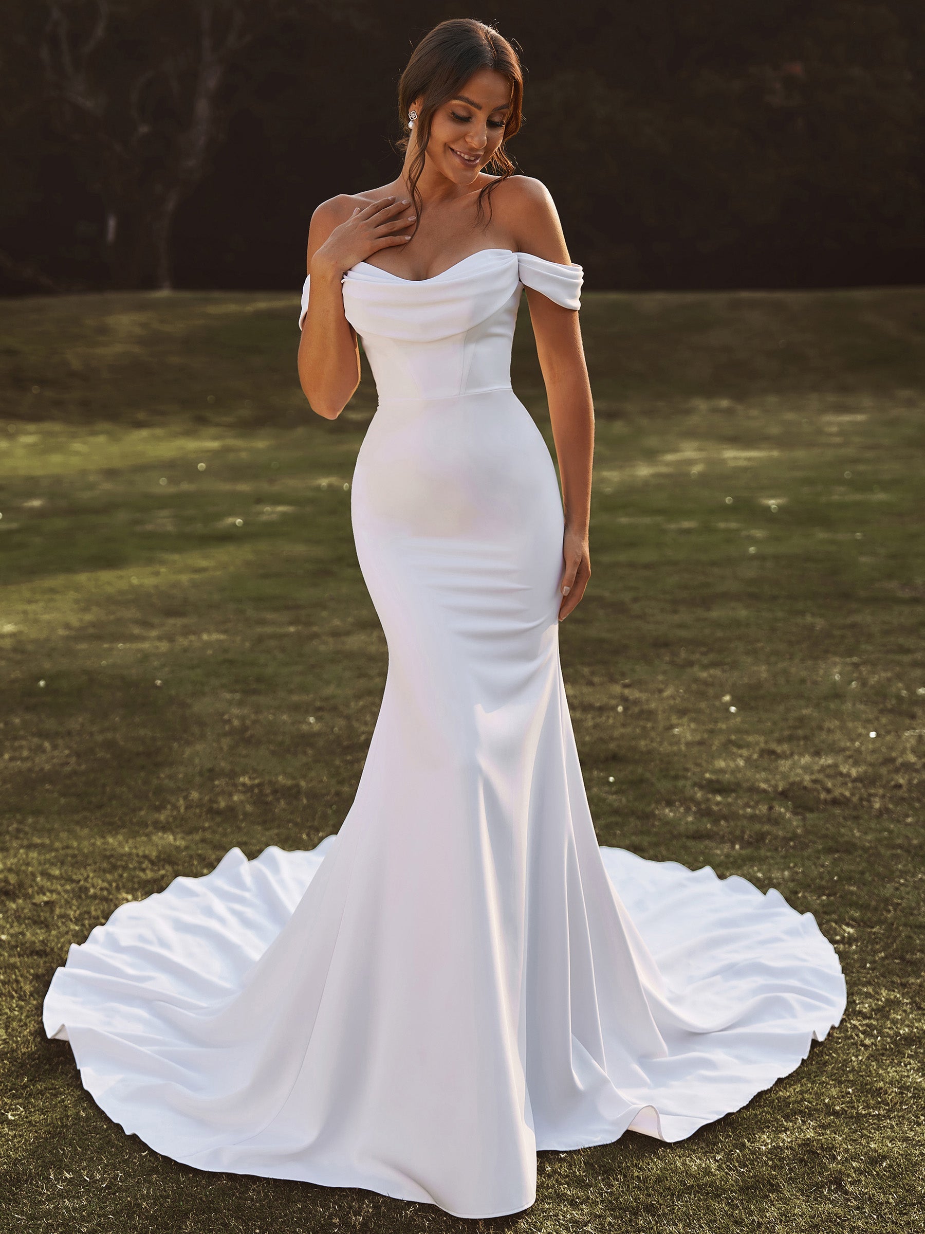 White Satin Mermaid Wedding Dress with Off-the-Shoulder Neckline and Cap Sleeves