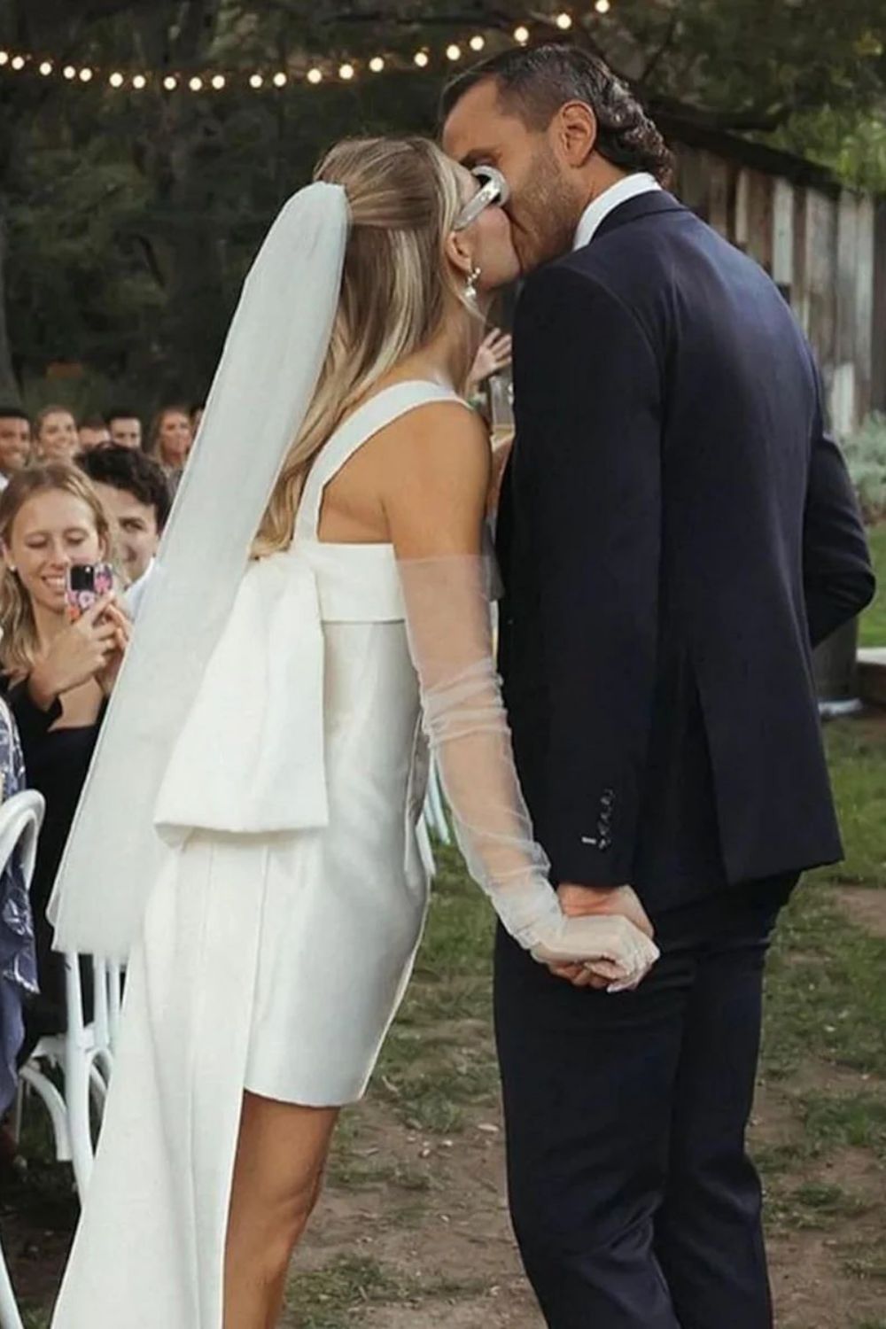 White Satin Mini Wedding Dress With Square Neck And Bow Train Formal Evening Gown