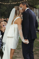 White Satin Mini Wedding Dress With Square Neck And Bow Train Formal Evening Gown