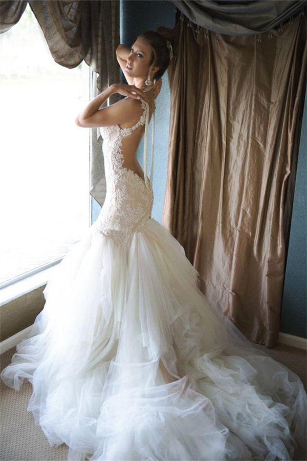 White Sexy Mermaid Backless Bridal Gowns Spaghetti Strap Tulle Lace Long Wedding Dress