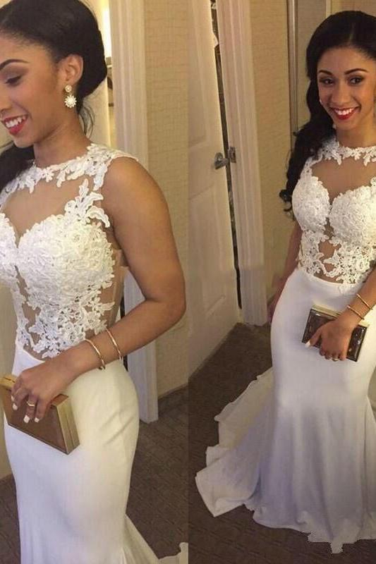 White Sexy Mermaid Evening Gowns Lace Sleeveless Long Party Dresses BA3761
