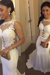 White Sexy Mermaid Evening Gowns Lace Sleeveless Long Party Dresses BA3761