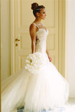 White Sexy Mermaid Tulle Long Bridal Gown Spaghetti Strap Open Back Lace Wedding Dress