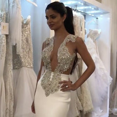 White Sleeveless Mermaid Prom Dresses | Appliques Beadings Evening Dresses