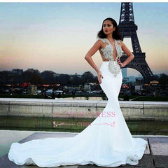 White Sleeveless Mermaid Prom Dresses | Appliques Beadings Evening Dresses