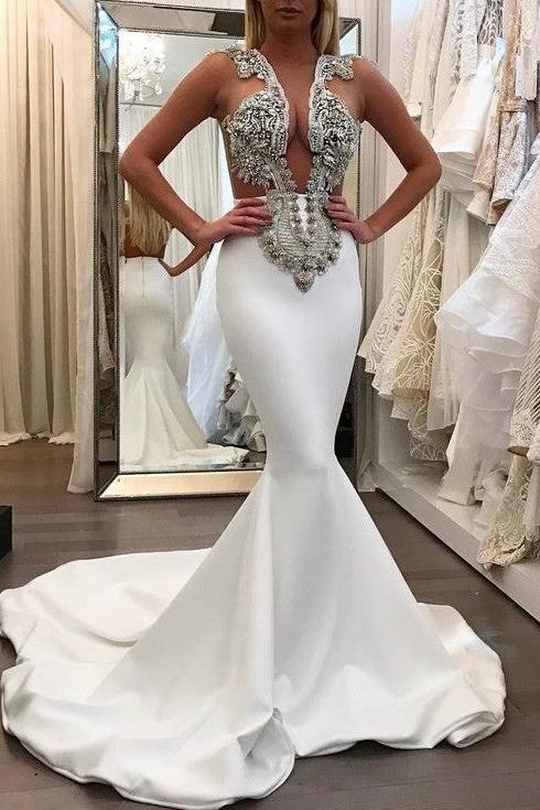 White Sleeveless Mermaid Prom Dresses | Appliques Beadings Evening Dresses