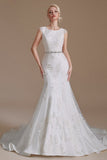 White Sleeveless Mermaid Wedding Dress Floral Lace Bridal Dress wit Belt