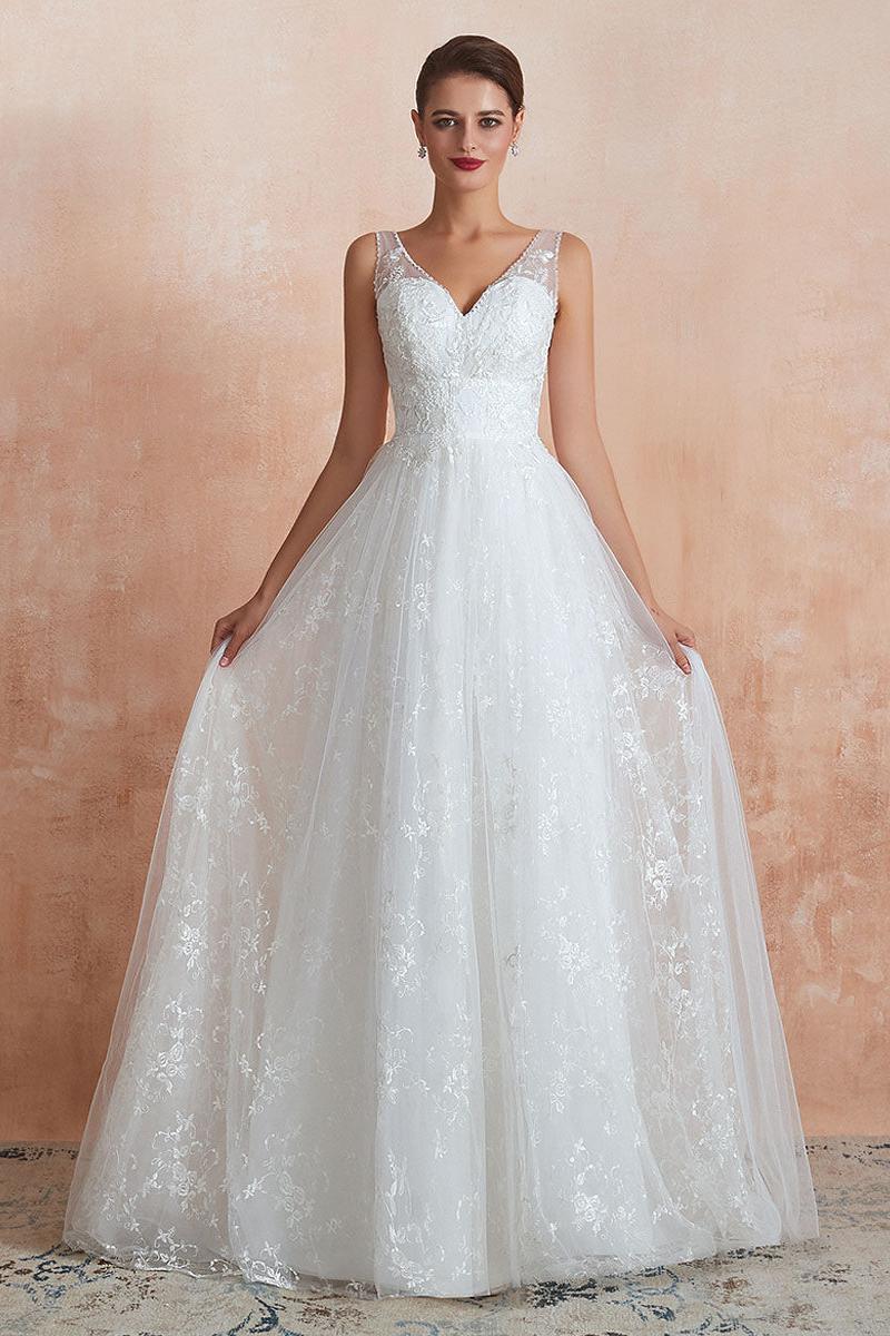 White Sleeveless V Neck Tulle Lace A-Line Wedding Dresses