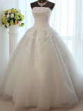 White Strapless Crystal Long Wedding Dress New Arrival Lace Floor Length Ball Gown Bridal Gown