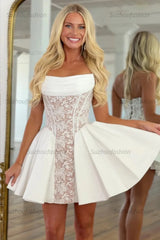 White Strapless Homecoming Dress Lace Ball Gown Short Wedding Dress