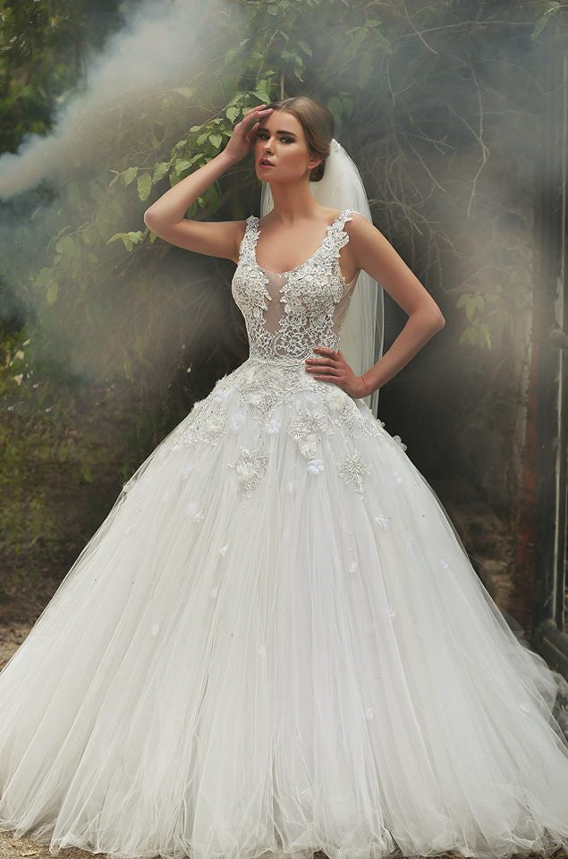 White Tulle Lace Beading Ball Gown Wedding Dresses Floor Length Popular Custom Made Bridal Gowns