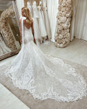 White Tulle Lace mermaid Wedding Gown with Sweep Train