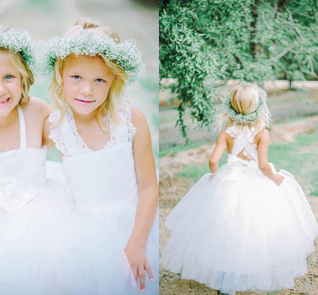 White Tulle Long Flower Girl Dress White Lace Dress with Crossed Back BO8530