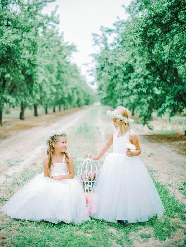 White Tulle Long Flower Girl Dress White Lace Dress with Crossed Back BO8530