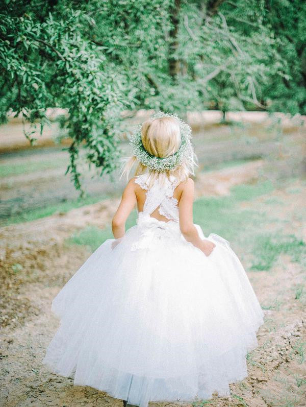 White Tulle Long Flower Girl Dress White Lace Dress with Crossed Back BO8530