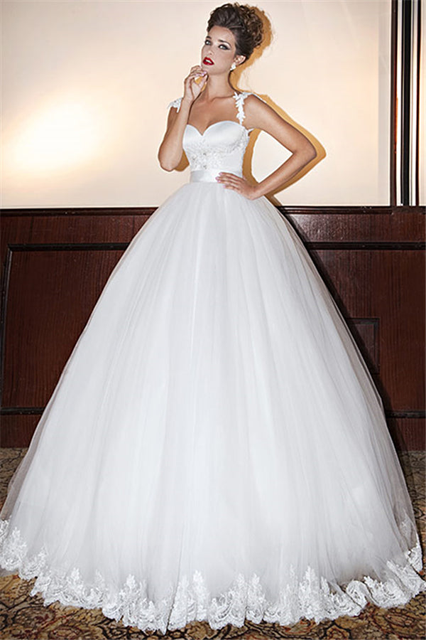 White Tulle Sweetheart Wedding Dresses Floor Length Open Back Applique Ball Gowns