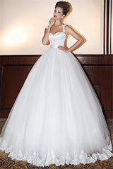 White Tulle Sweetheart Wedding Dresses Floor Length Open Back Applique Ball Gowns