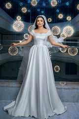White Wedding Dress A Line Off The Shoulder Sleeveless Beaded Ruffle Long Satin Bridal Gown With Slit