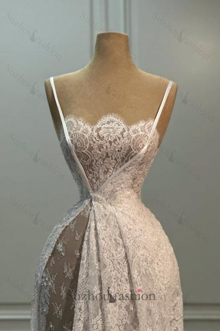 White Wedding Dress A Line Spaghetti Strap Sleeveless Sweep Train Lace Bridal Gown