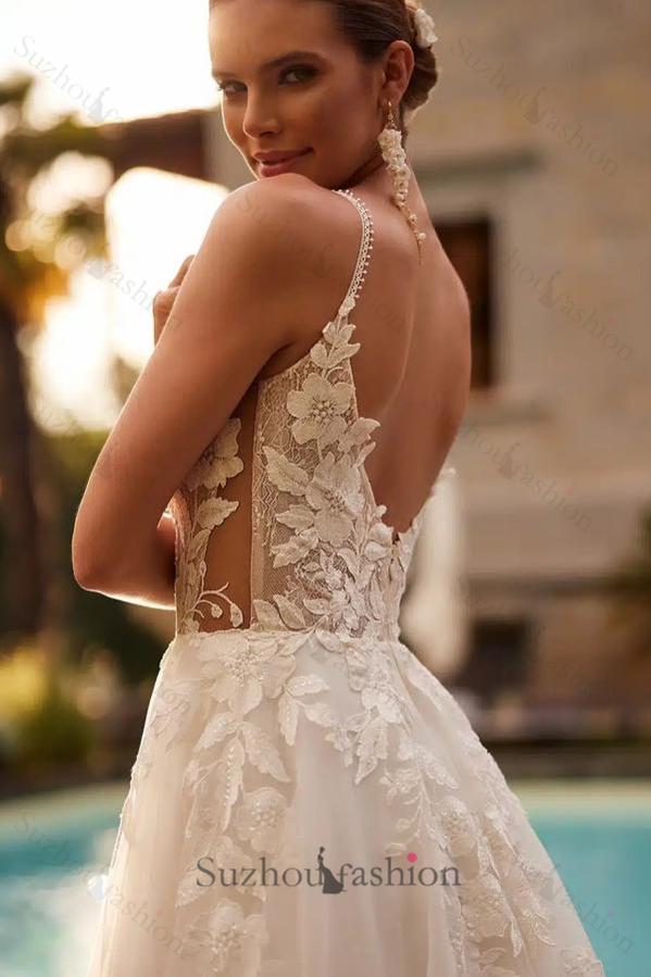 White Wedding Dress A Line Spaghetti Strap V Neck Beaded Sleeveless Lo suzhoufashion White Wedding Dress A Line Spaghetti Strap V Neck Beaded Sleeveless Lo suzhoufashion