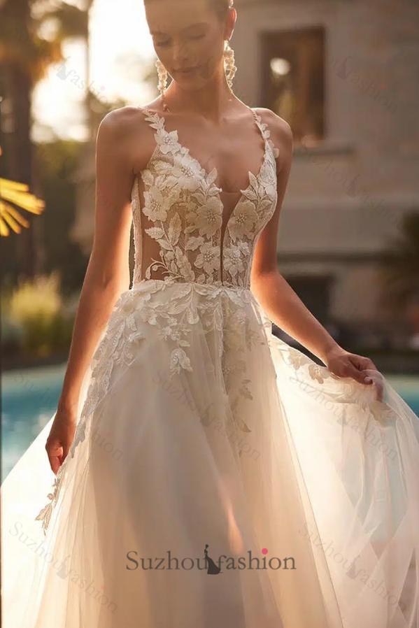 White Wedding Dress A Line Spaghetti Strap V Neck Beaded Sleeveless Lo   suzhoufashion