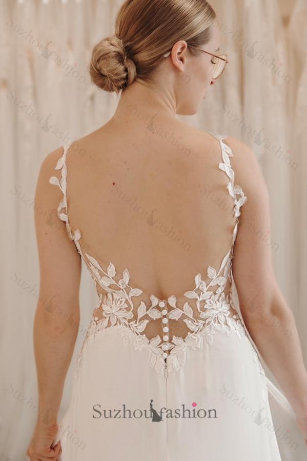White Wedding Dress A Line Spaghetti Strap V Neck Sleeveless Long Chiffon Split Front Bridal Gown With Appliques