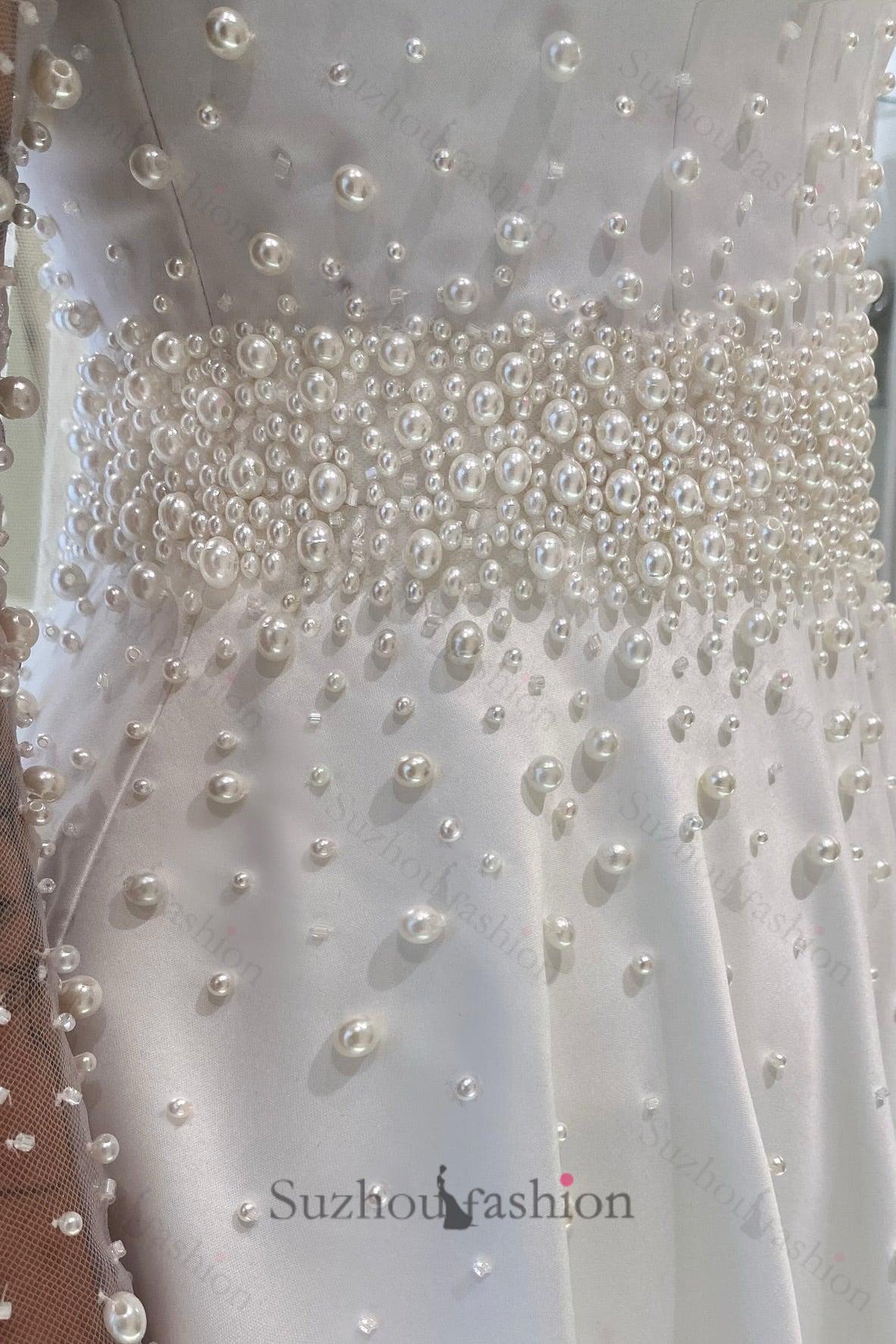 White Wedding Dress A Line Spaghetti Straps Sleeveless Beaded Chapel T   suzhoufashion