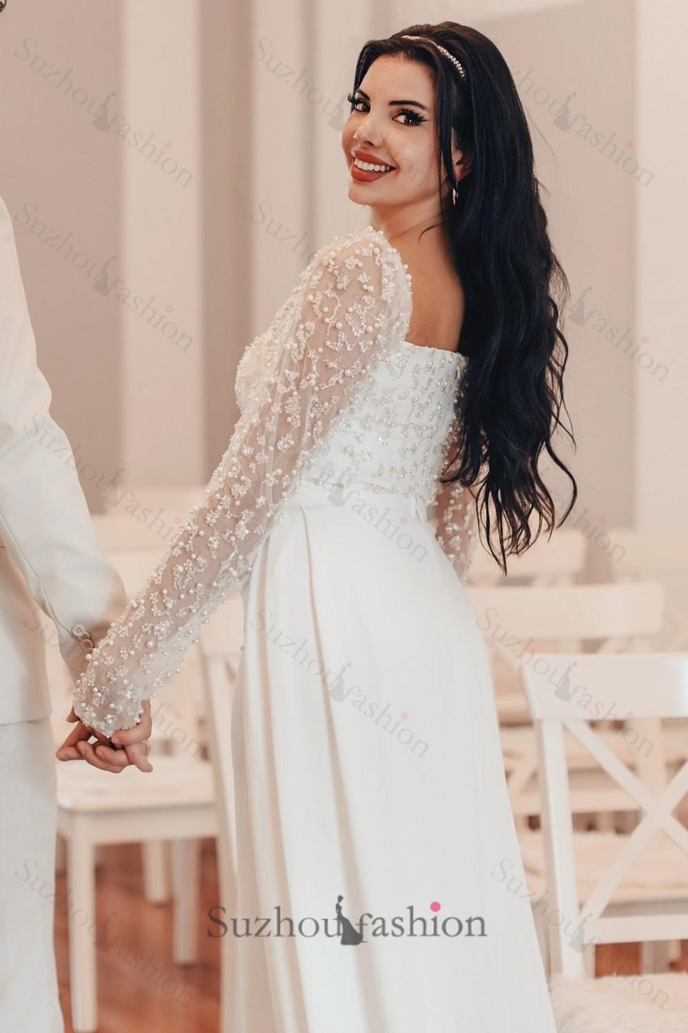 White Wedding Dress A Line Square Beaded Long Sleeves Ruffles Panel Tr suzhoufashion White Wedding Dress A Line Square Beaded Long Sleeves Ruffles Panel Tr suzhoufashion