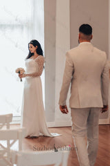 White Wedding Dress A Line Square Beaded Long Sleeves Ruffles Panel Train Satin Bridal Gown