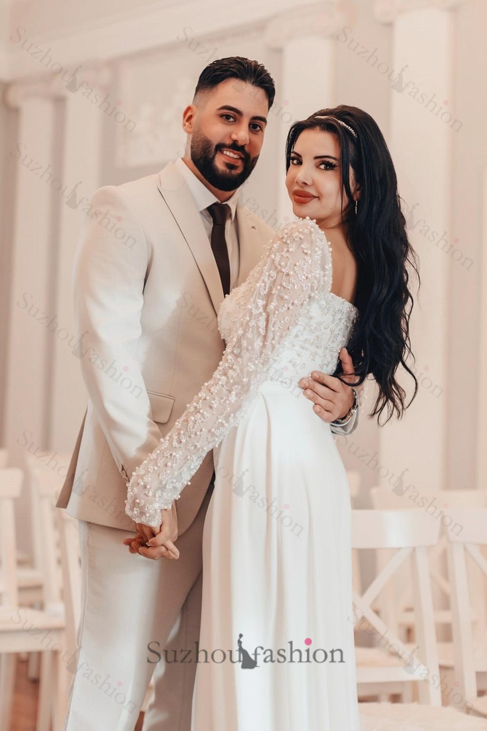 White Wedding Dress A Line Square Beaded Long Sleeves Ruffles Panel Train Satin Bridal Gown