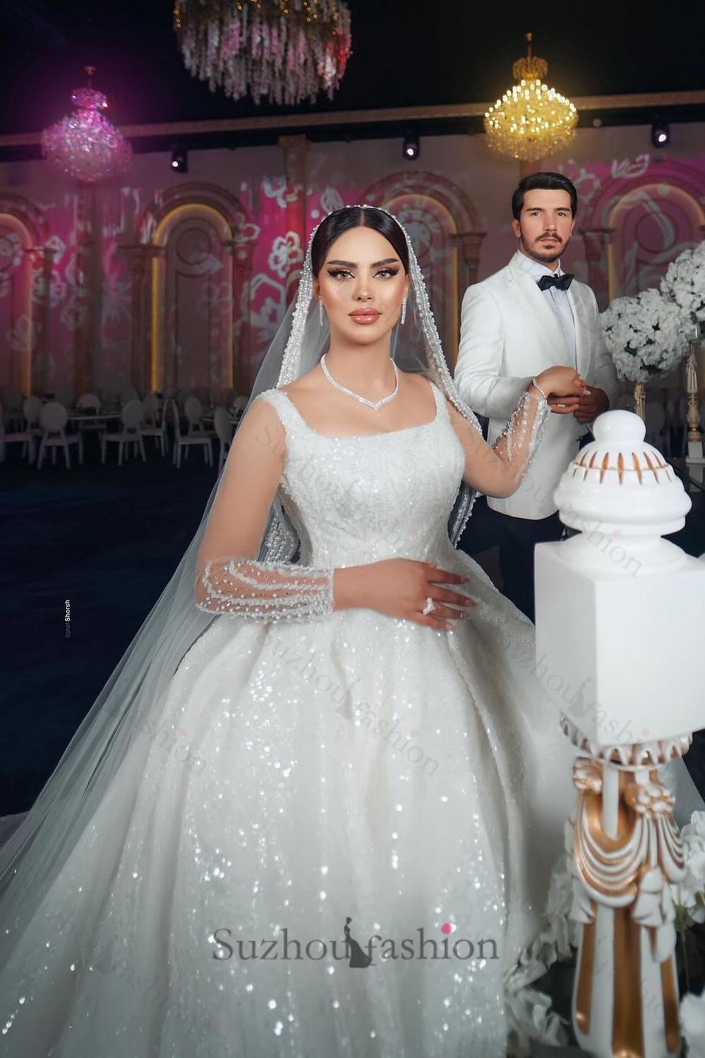 White Wedding Dress A Line Square Spaghetti Strap Beaded Illusion Sleeves Sequined Ball Gown Long Satin Bridal Gown With Ruffles