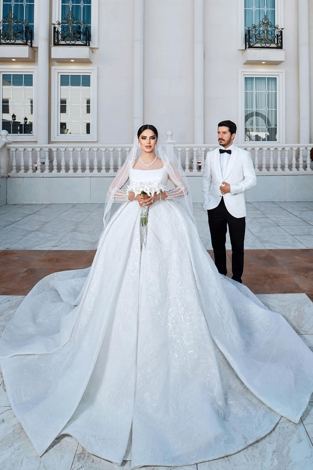 White Wedding Dress A Line Square Spaghetti Strap Beaded Illusion Sleeves Sequined Ball Gown Long Satin Bridal Gown With Ruffles White Wedding Dress A Line Square Spaghetti Strap Beaded Illusion Sleeves Sequined Ball Gown Long Satin Bridal Gown With Ruffles