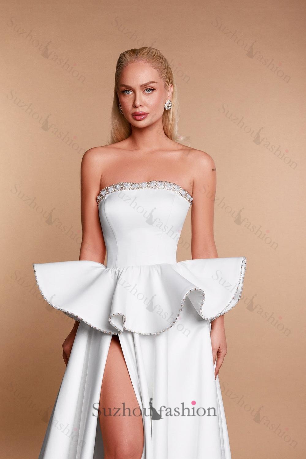 White Wedding Dress A Line Strapless Sleeveless Beaded Long Satin Ruffle Bridal Gown With High Slit White Wedding Dress A Line Strapless Sleeveless Beaded Long Satin Ruffle Bridal Gown With High Slit