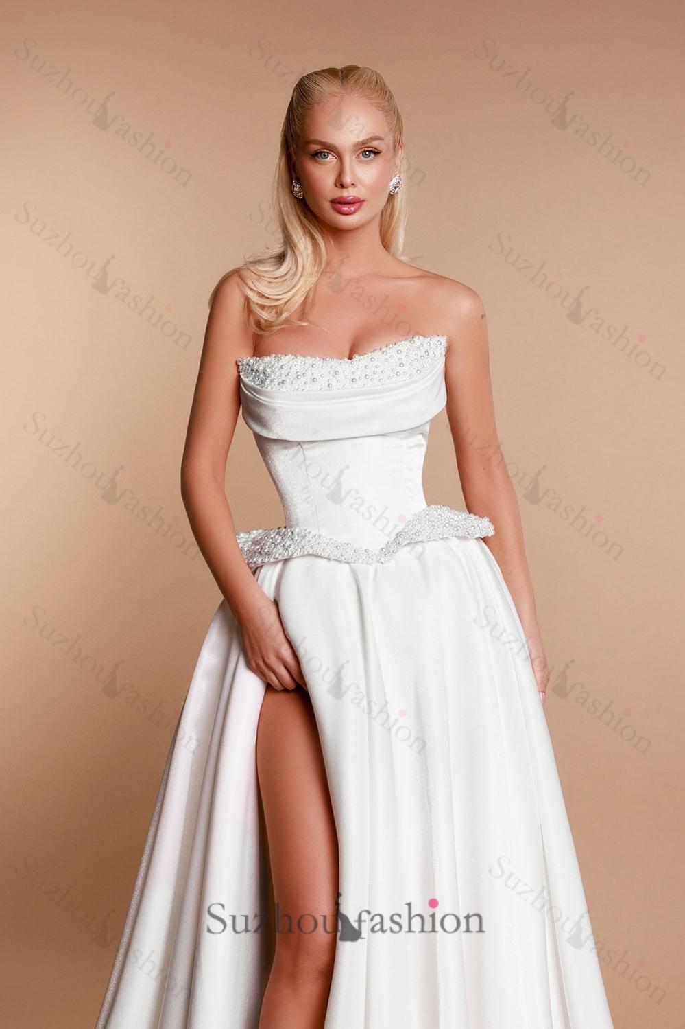 White Wedding Dress A Line Strapless Sleeveless Beaded Long Split Front Satin Bridal Gown With Pearls White Wedding Dress A Line Strapless Sleeveless Beaded Long Split Front Satin Bridal Gown With Pearls