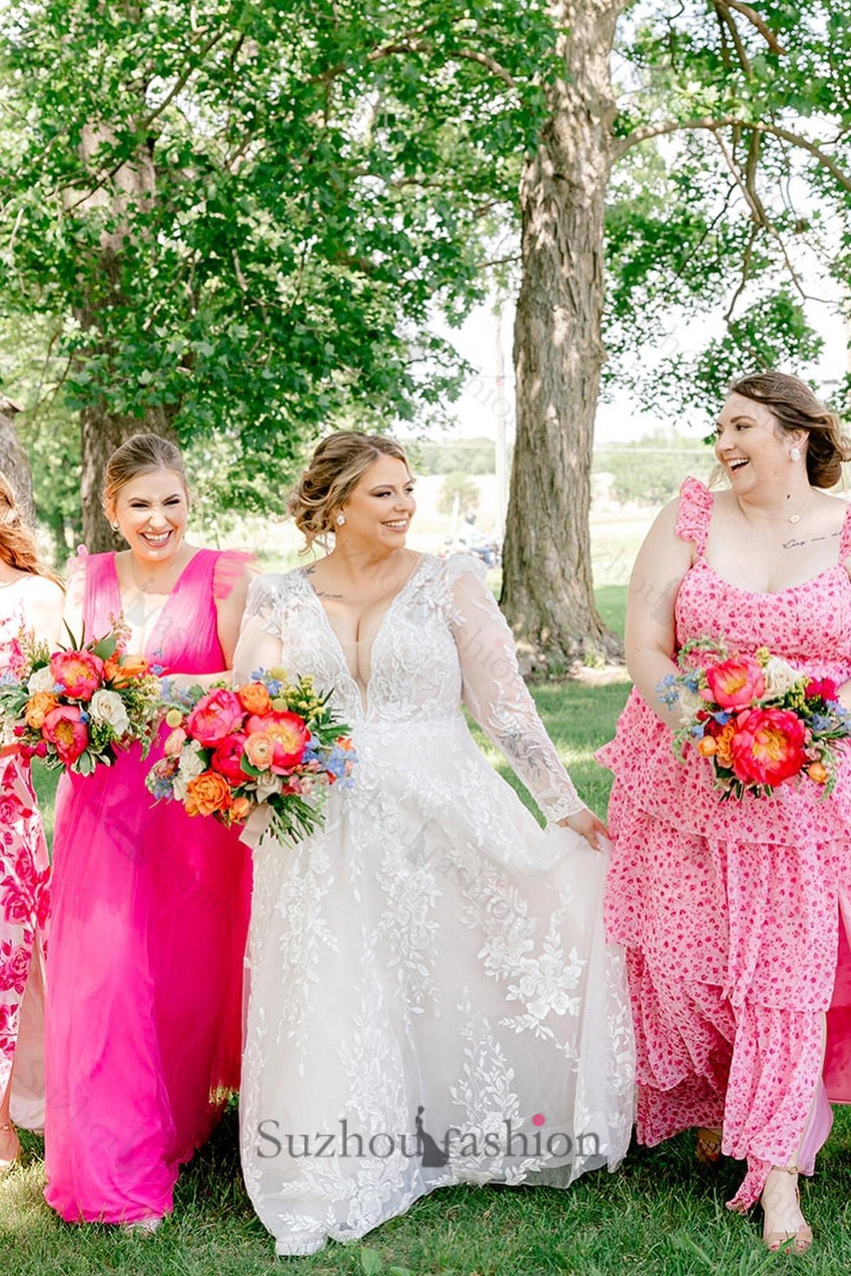 White Wedding Dress A Line V Neck Long Sleeves Lace Chapel Train Bridal Gown With Appliques