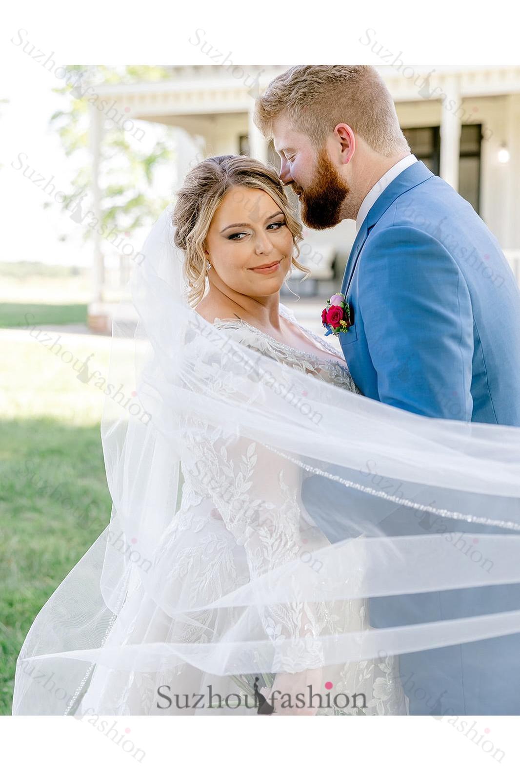 White Wedding Dress A Line V Neck Long Sleeves Lace Chapel Train Bridal Gown With Appliques