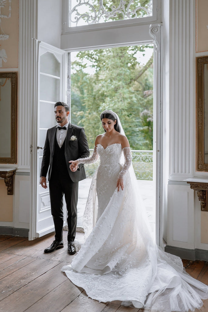 column bridal dress White Wedding Sweetheart Sleeveless Lace Beaded Long Brid – suzhoufashion saleevent:eastersale The full skirt adds Color:Ivory/Pearl Green Boho Dresses |