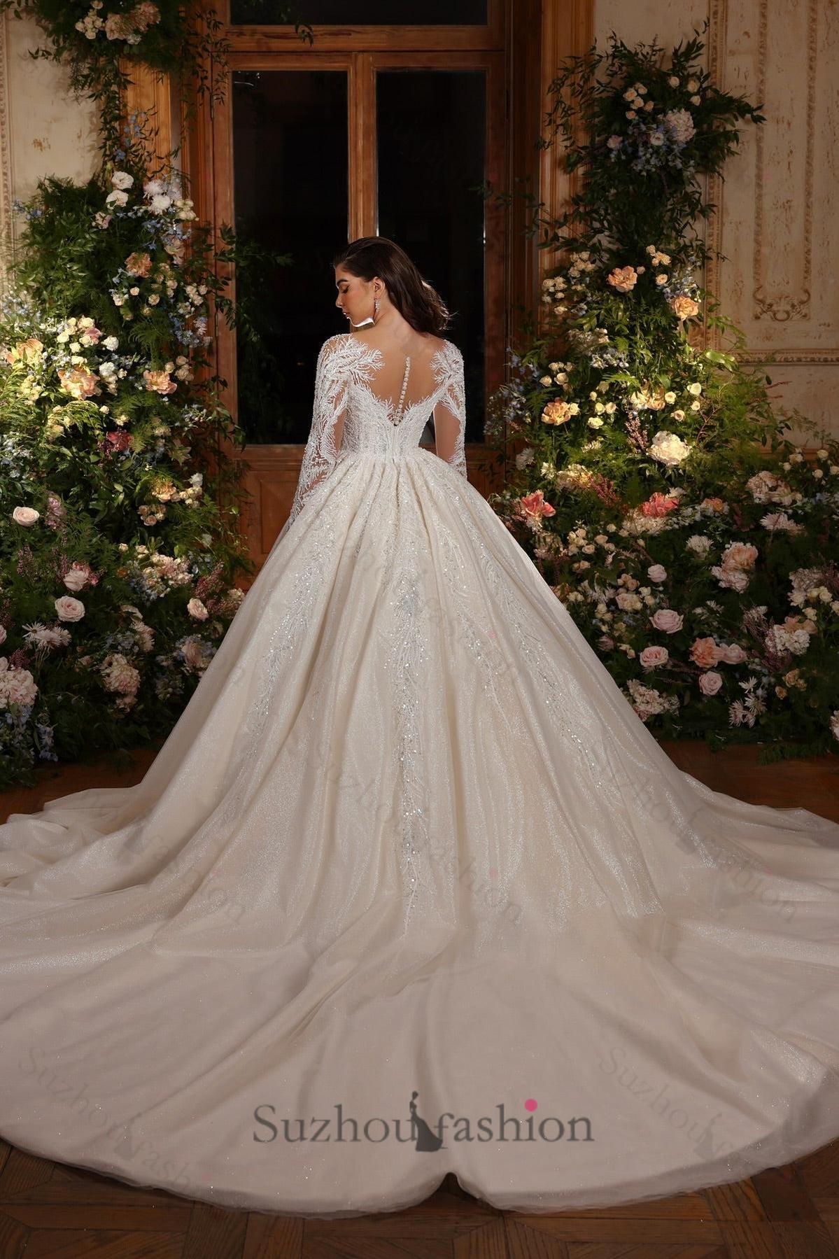 White Wedding Dress High Neck A Line Long Sleeves Ball Gown Cathedral Train Lace Bridal Gown With Sequins