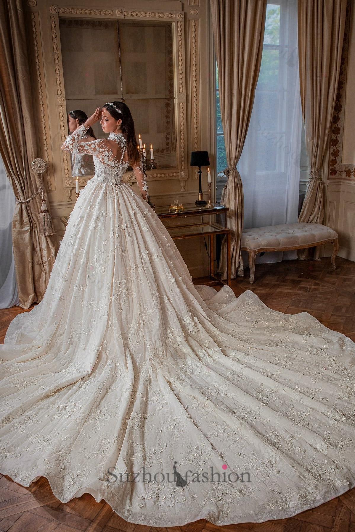 White Wedding Dress High Neck Ball Gown Beaded Long Sleeves Cathedral Train Lace Bridal Gown With Appliques