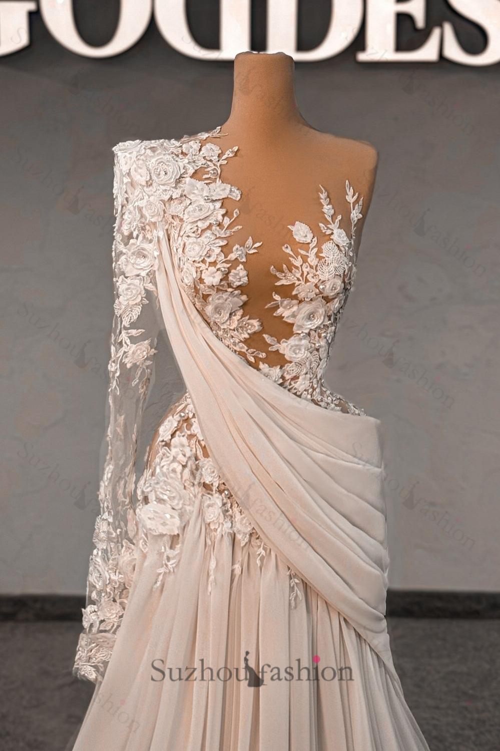 White Wedding Dress Lace A Line One Shoulder Long Sleeves Beaded Sweep Train Chiffon Ruffle Bridal Gown With Pearls