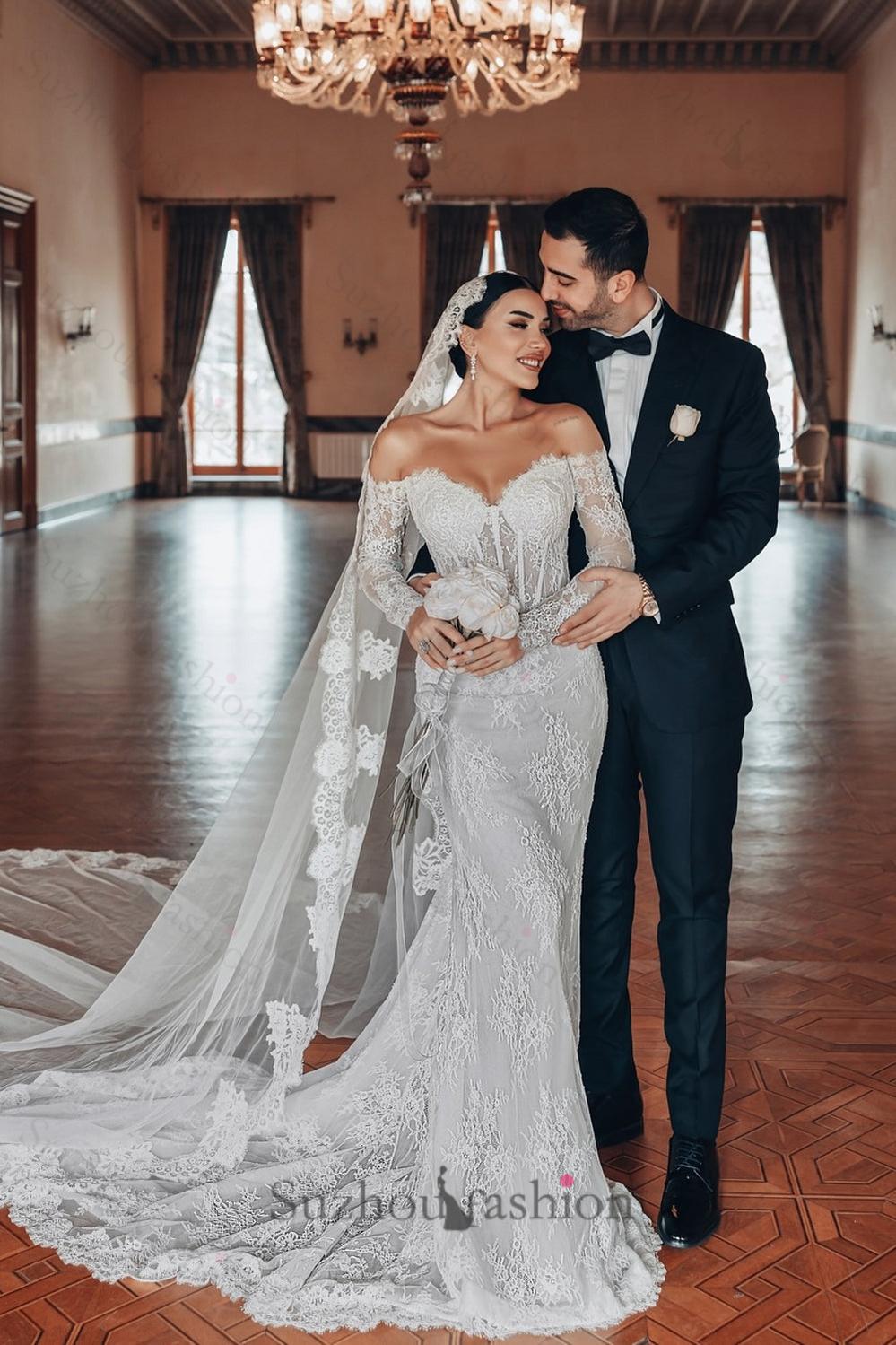 White Wedding Dress Lace Mermaid Sweetheart Off The Shoulder Beaded Long Sleeves Sweep Train Bridal Gown