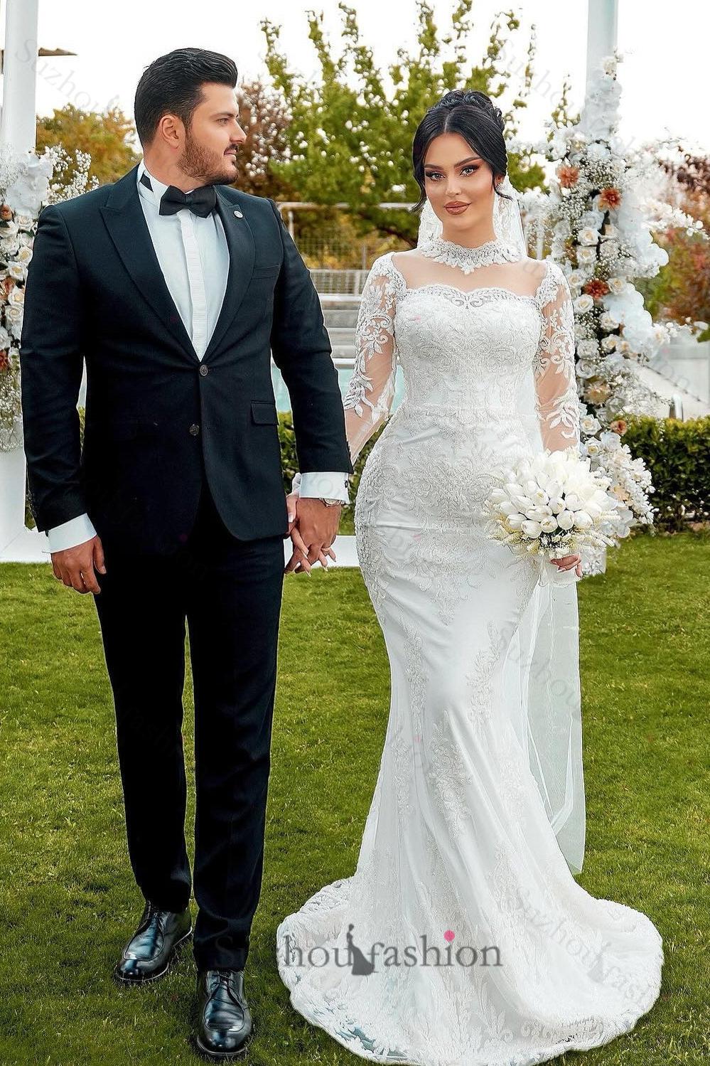 White Wedding Dress Mermaid High Neck Lace Long Sleeves Sequined Tulle Bridal Gown With Appliques