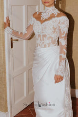 White Wedding Dress Mermaid High Neck Long Sleeves Lace Long Satin Ruffle Detachable Panel Train Bridal Gown With Appliques